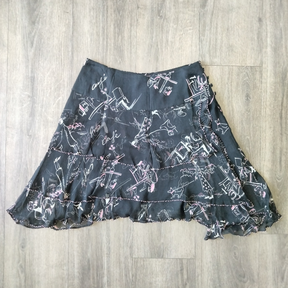 ECI New York Cafe Asymmetrical Fairy Hem Black Silk Skirt w/beads Women's Size 6
